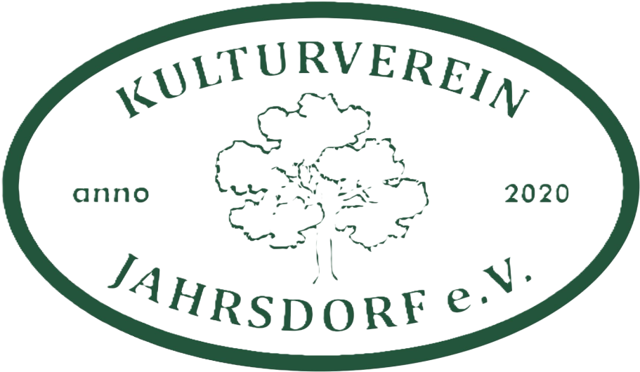 Logo vom Kulturverein Jahrsdorf e.V. Das Logo oben das Wort "Kulturverein" und unten das Wort "Jahrsdorf e.V. Links befindet sich das Wort "anno" und rechts die Zahl "2020". Alle Worte umranden einen großen Baum